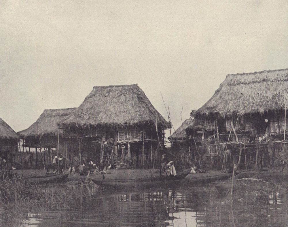 Lacustrine Village. Thatched houses on stilts. Benin. STODDARD 1895 old print